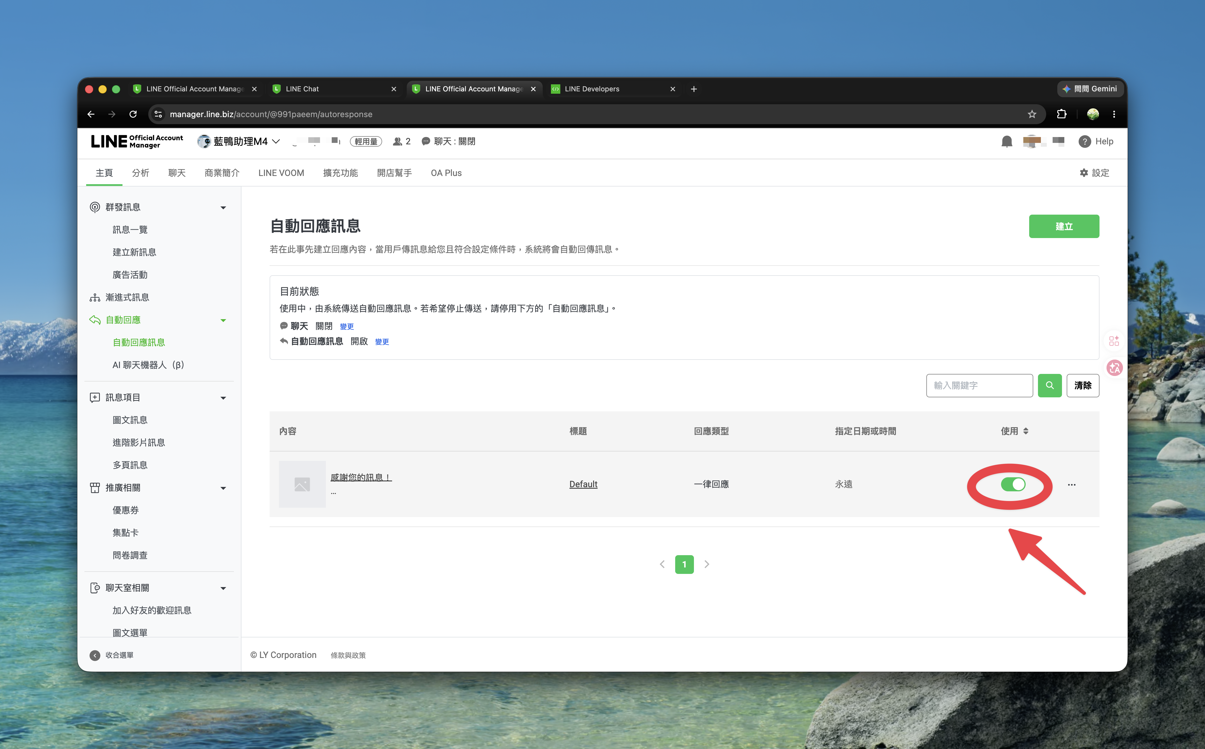 自動回應訊息列表,將預設的自動回應開關關閉